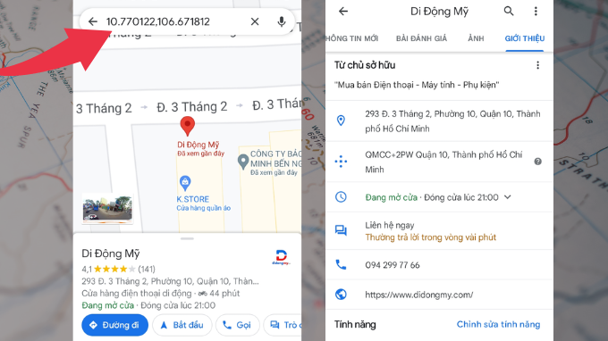 Lấy tọa độ trên Google Maps của Di Động Mỹ