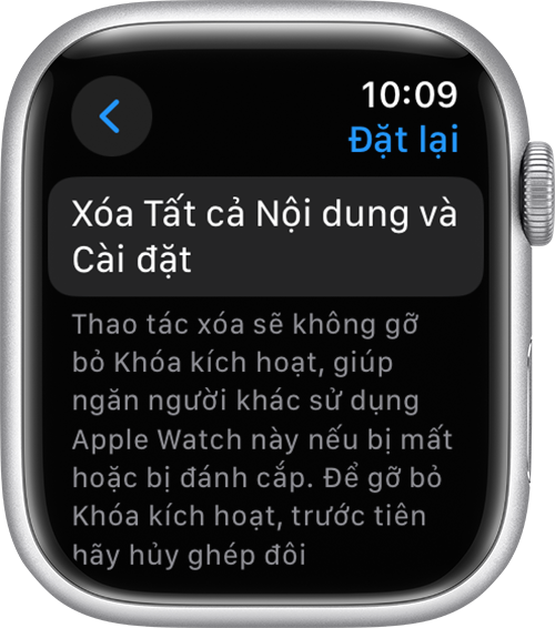 Apple Watch hiển thị Xóa tất cả nội dung và cài đặt