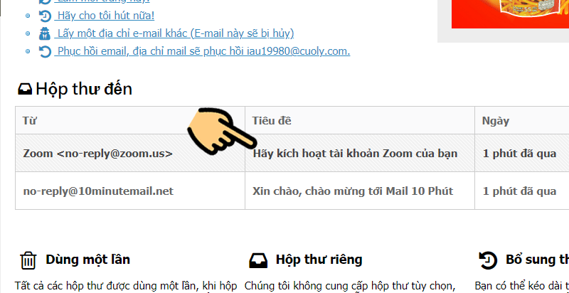 Quay trở lại trang web email 10 phút