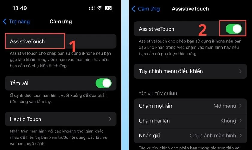 Bật AssistiveTouch bằng cách gạt thanh trượt sang bên phải