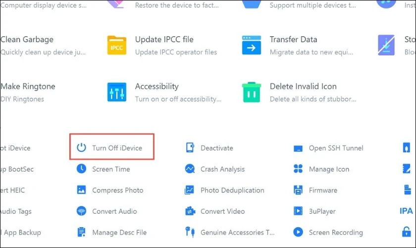 Tìm và chọn tùy chọn Turn Off iDevice