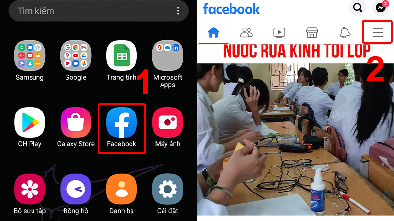 Vào ứng ụng Facebook và chọn vào biểu tượng 3 gạch ngang