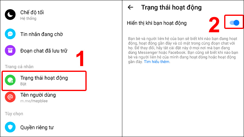 Nhấn vào Trạng thái hoạt động và gạt công tắc sang trái để tắt