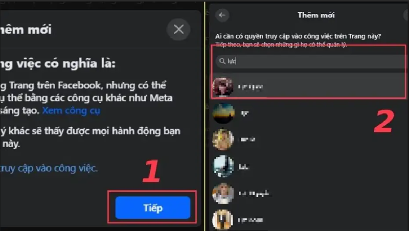 tìm kiếm theo tên, địa chỉ email hoặc liên kết Facebook