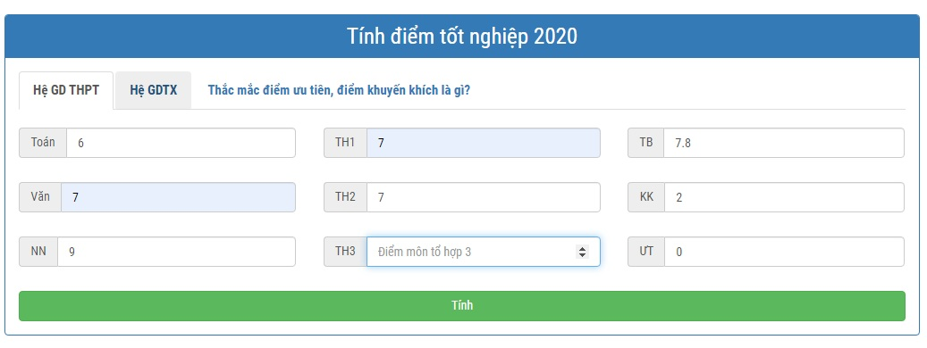 Minh họa cách tính điểm tốt nghiệp thpt quốc gia online