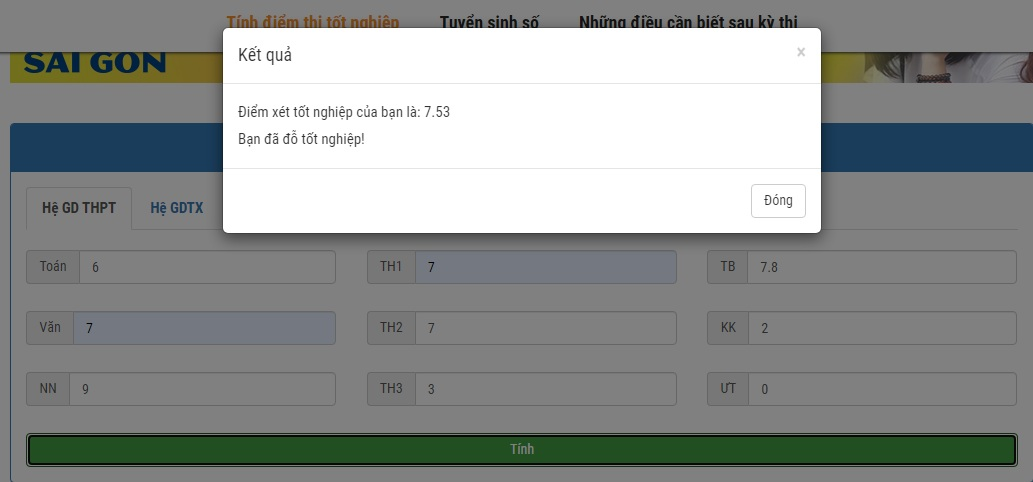 Kết quả sau khi thực hiện - cách tính điểm tốt nghiệp thpt quốc gia