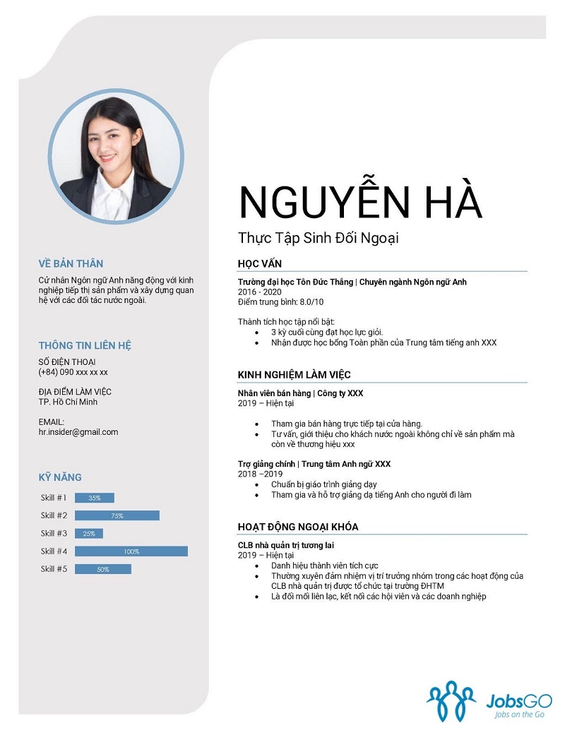 Mẫu CV cho sinh viên thực tập ngành Đối ngoại