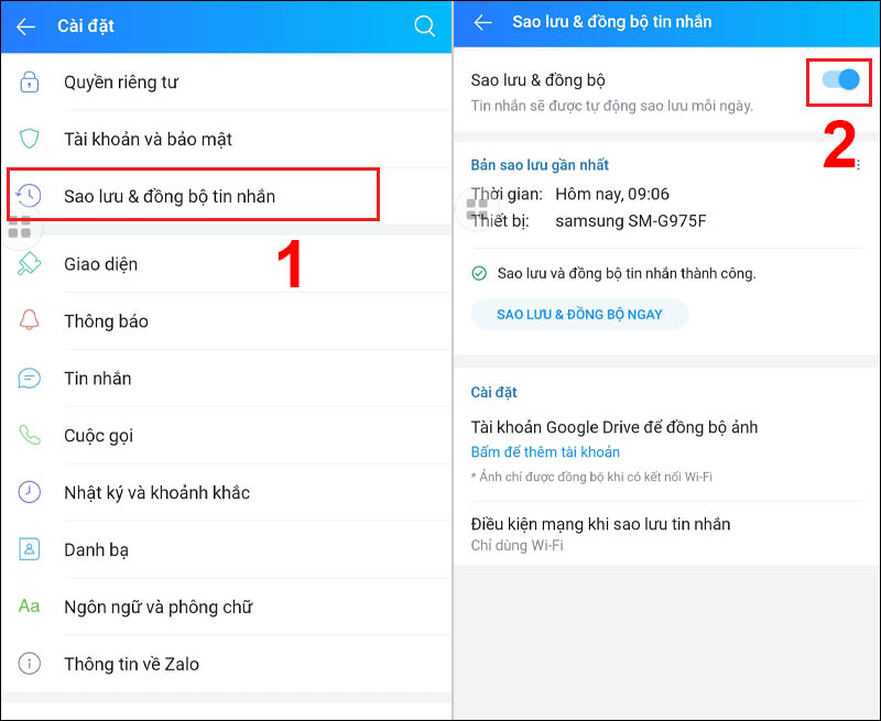 Bật tính năng Sao lưu & đồng bộ tin nhắn
