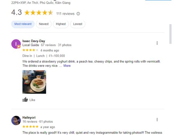 Review of The Sun Vintage Cafe on google