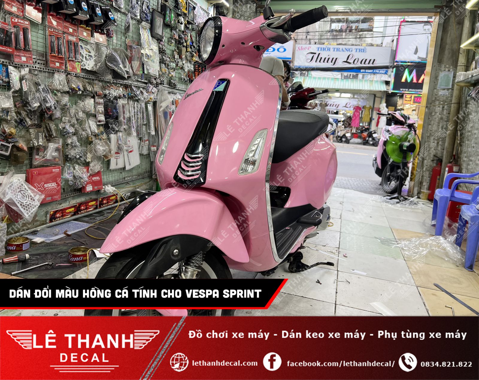 Dán decal đổi màu hồng cá tính cho Vespa Sprint