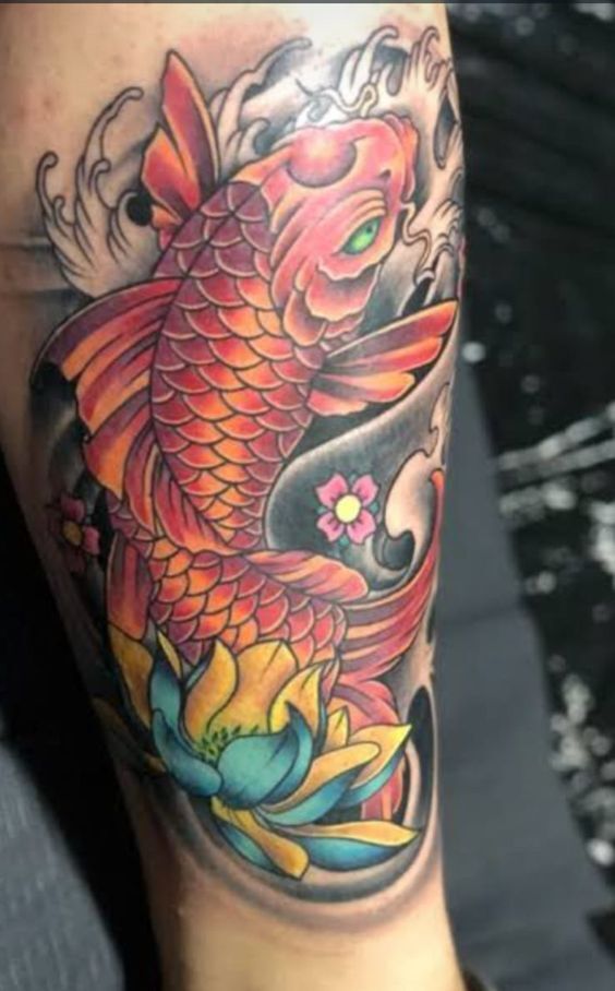 tattoo cá chép đỏ kết hợp hoa sen xanh vàng trên cánh tay