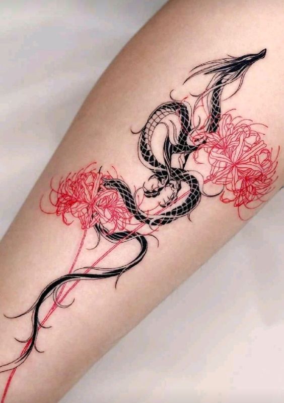 tattoo mini hoa bỉ ngạn đỏ và rồng đen cực chất