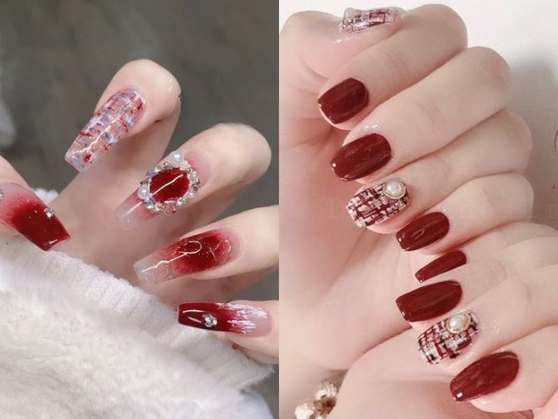 Mẫu nail đính đá màu đỏ