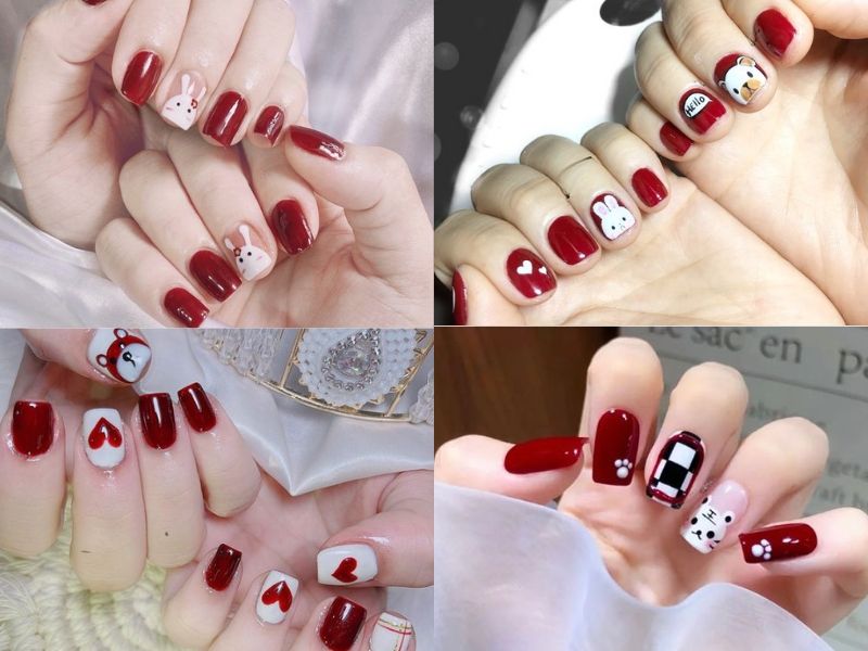 Nail màu đỏ vẽ họa tiết