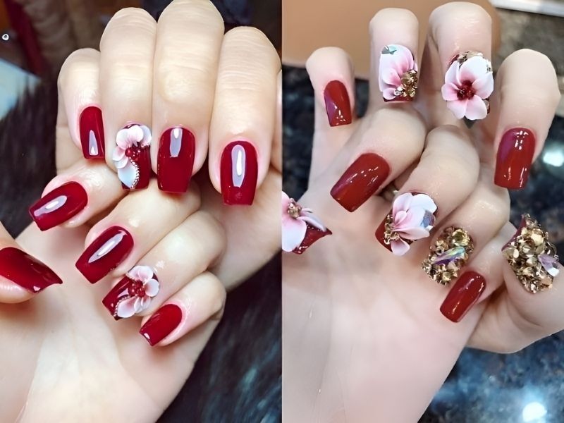 Mẫu nail đắp bột tone đỏ