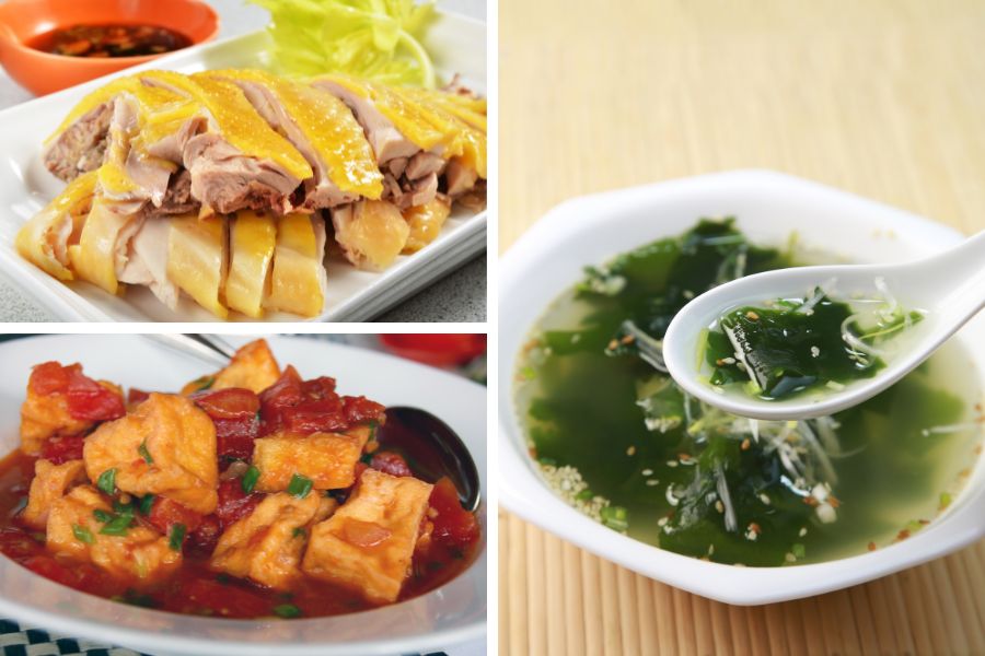 Đậu hũ dồn thịt sốt cà - Gà hấp lá chanh - Canh rong biển