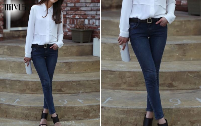 Quần jean skinny phối áo sơ mi trắng 