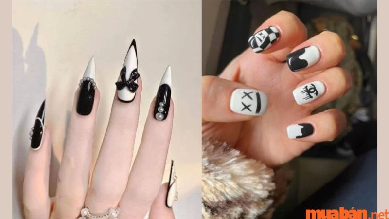 Mẫu nail màu đen phối trắng