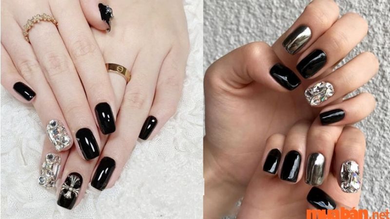 Mẫu nail đen đính đá