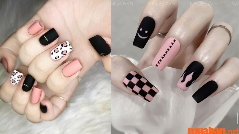 Mẫu nail màu hồng đen cá tính