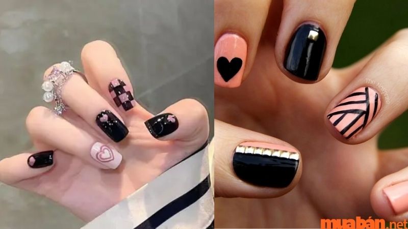 Nail đen hoạ tiết hồng