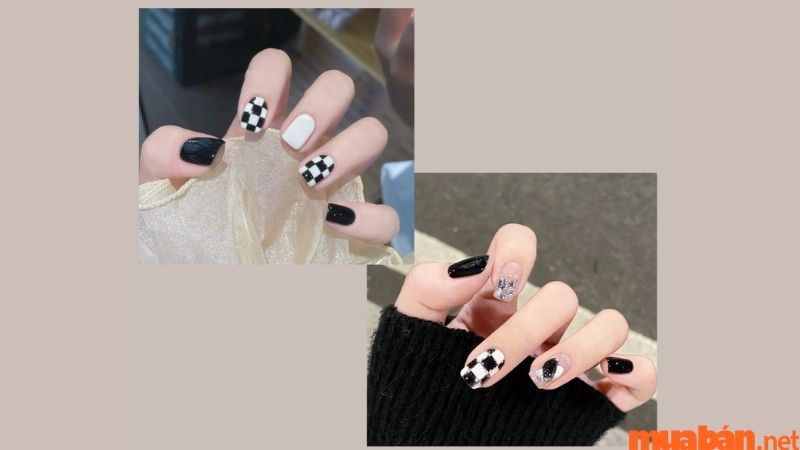 Mẫu nail caro đen trắng