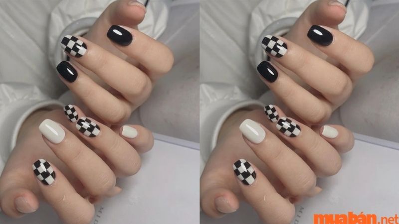 Nail caro màu đen trắng