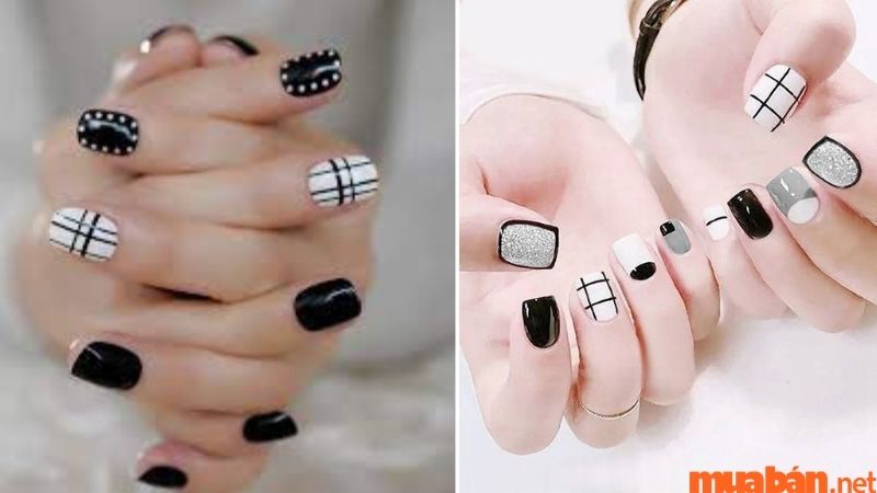 Nail caro màu đen trắng