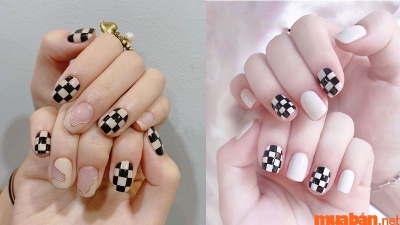 Mẫu nail màu đen caro