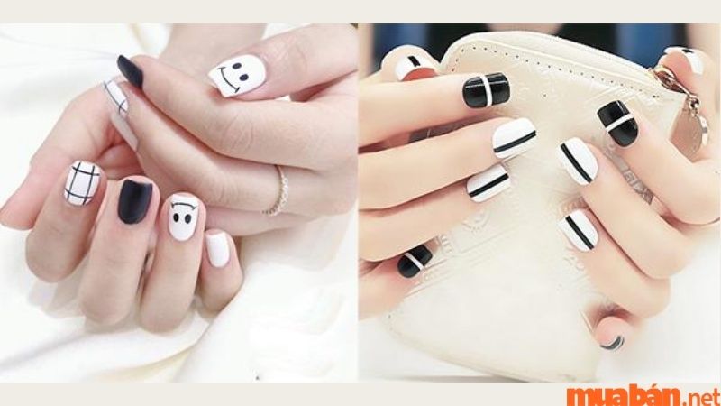 Mẫu nail màu đen trắng cute