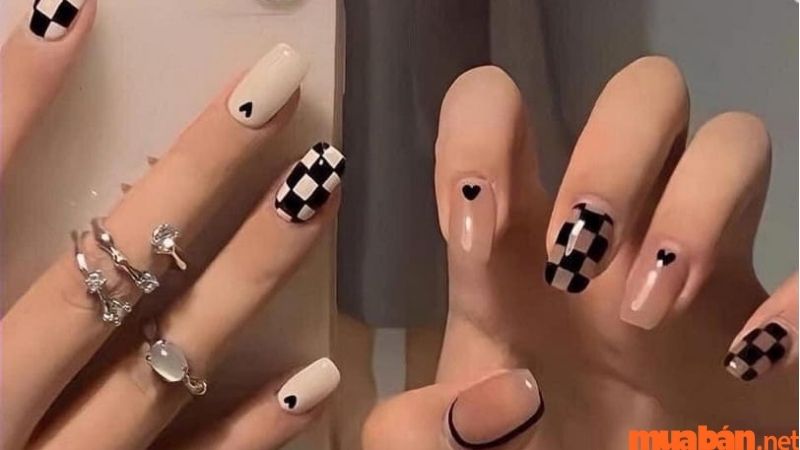 Nail hoạ tiết caro đen