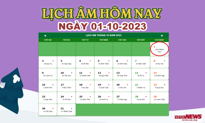 Xem lịch âm hôm nay ngày 1/10/2023.