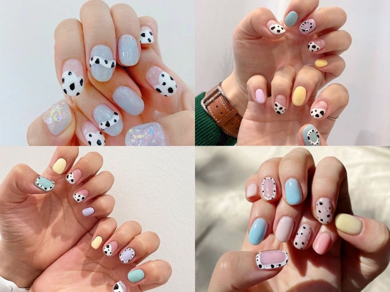 Mẫu nail đơn giản họa tiết bò sữa