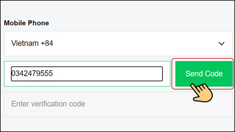 Nhập số điện thoại mà bạn đang sử dụng. Hệ thống sẽ gửi mã code về điện thoại