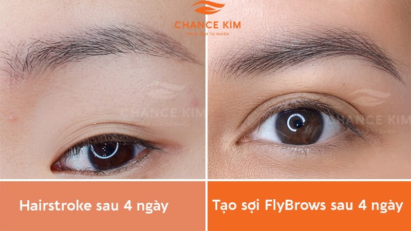 Chân mày Hairstroke sau khi bong xuất hiện hiện tượng nhạt màu, còn chân mày FlyBrows giữ nguyên chất lượng như khi vừa làm xong