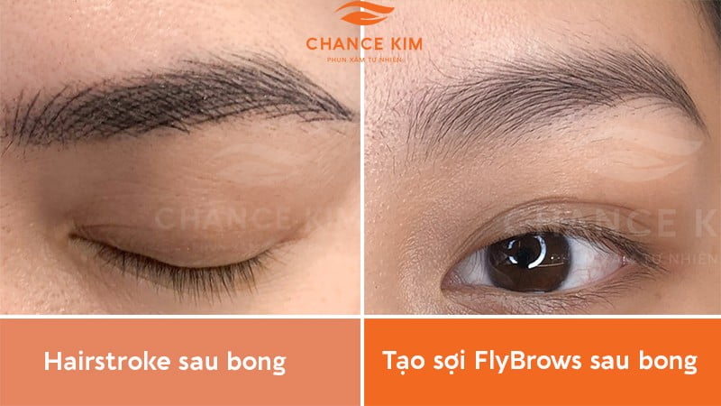 Chân mày Hairstroke sau khi bong thiếu tự nhiên, sợi thô cứng và đậm nét không hài hòa