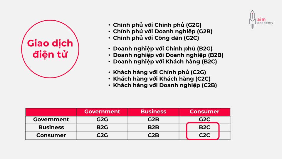 Hiện tại chúng ta có tất cả 9 hình thức giao dịch điện tử của ba đối tượng: goverment, business, consumer