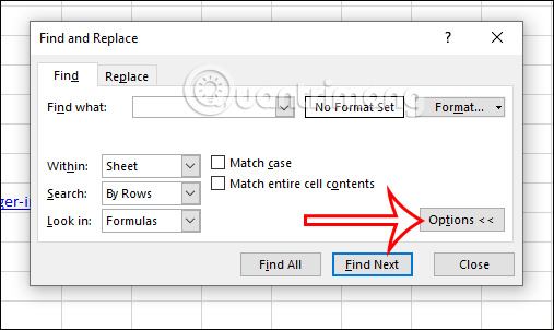 Chọn định dạng cho Find trong Excel