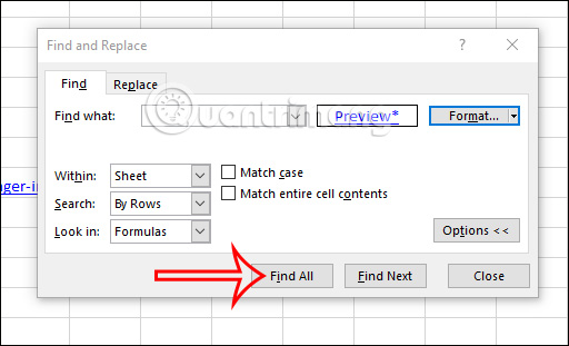 Tìm ô chèn link trong Excel