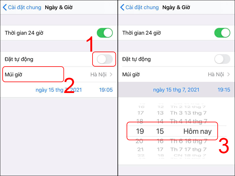 Tắt chế độ Đặt tự động và nhấn chọn Múi giờ tùy khu vực bạn sống. Chọn vào phần ngày để đặt lại ngày giờ