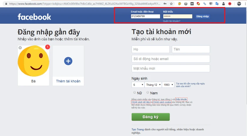 Đăng nhập facebook bằng số điện thoại