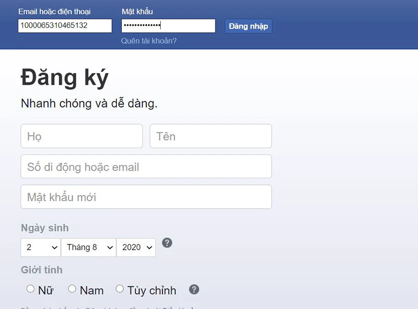 Đăng nhập facebook bằng ID người dùng trên Facebook