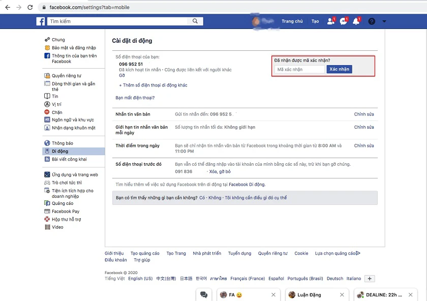 Facebook sẽ gửi mã xác thực bằng tin nhắn