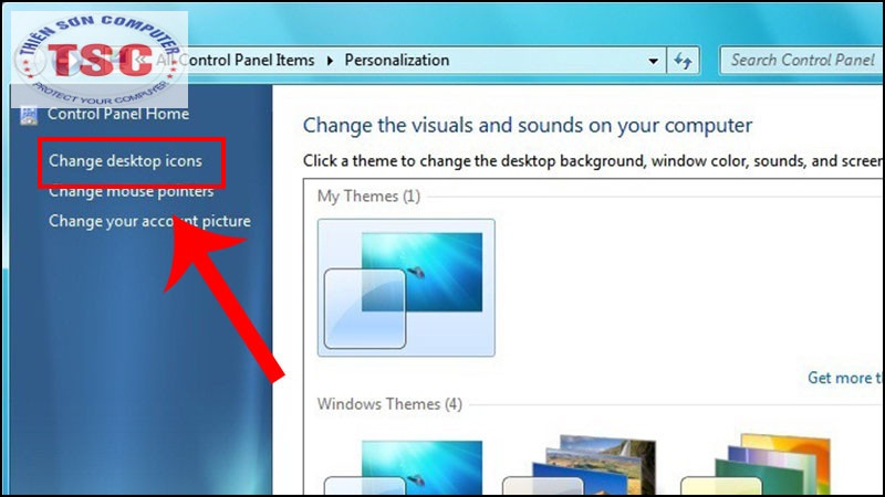 Ở cửa sổ cài đặt giao diện bạn chọn Change desktop icons.