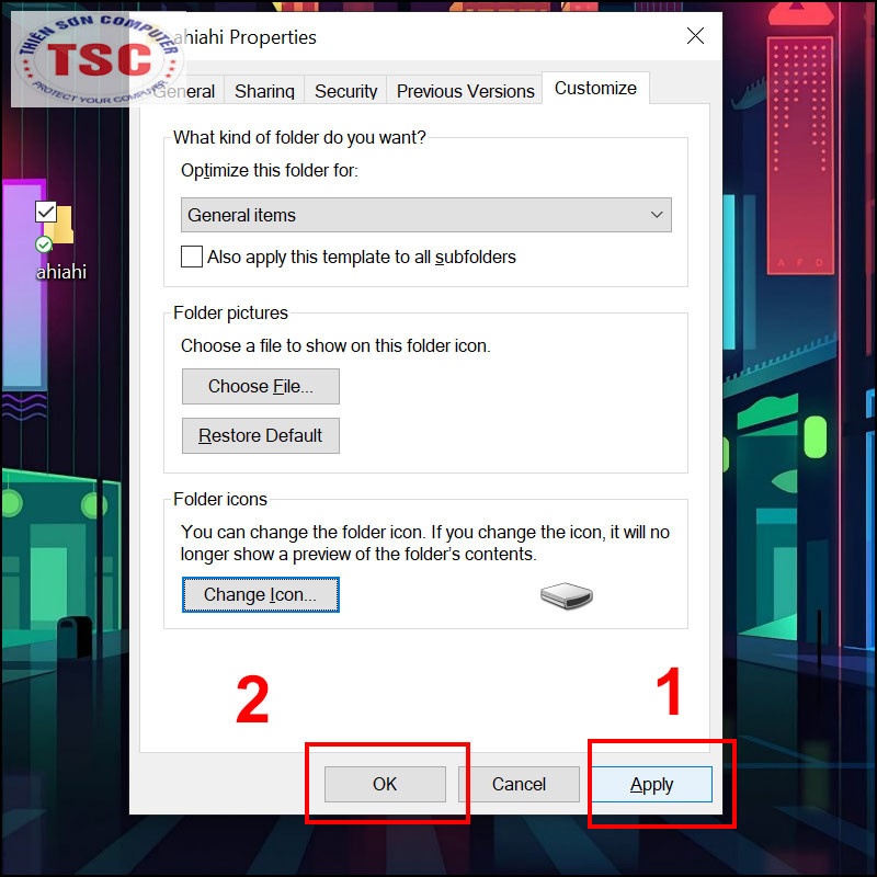 Nhấn Apply . Chọn OK để kết thúc thay đổi icon