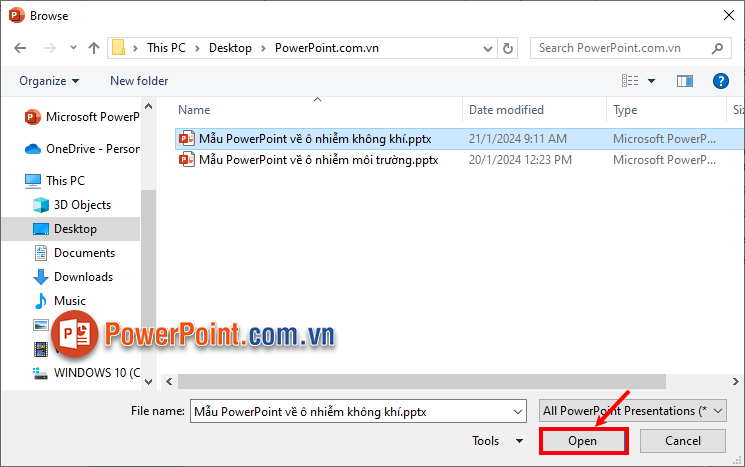 Cửa sổ Browse, bạn chọn đến file PowerPoint cần gộp và chọn Open