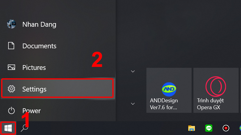 Bạn nhấn vào “Settings” ở menu Start ở góc trái phía dưới màn hình.