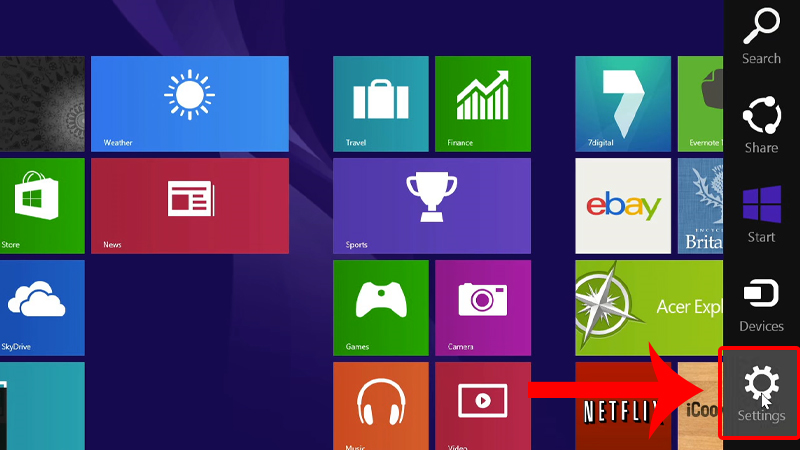 Bạn nhấn vào “Settings” trên máy tính Win 8 / 8.1.