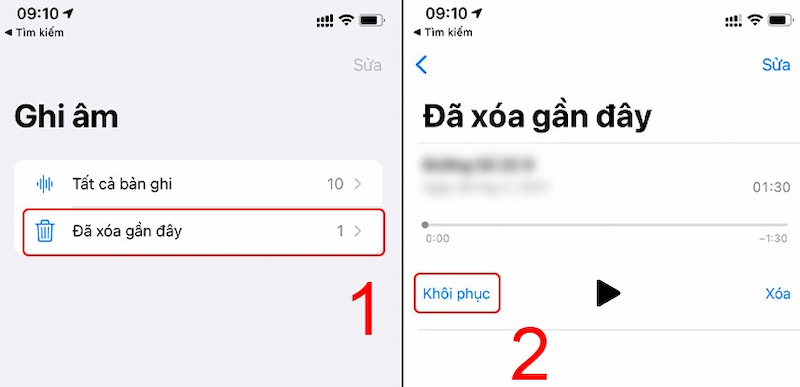 Khôi phục lại file ghi âm đã xóa trong mục Đã xóa gần đây