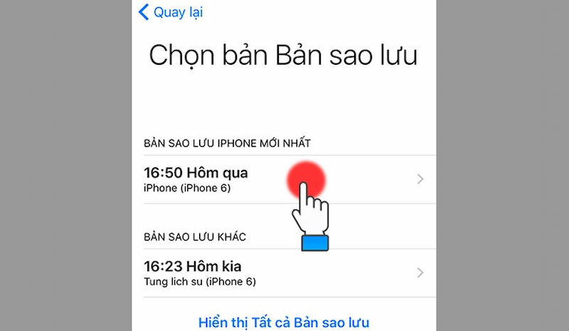 Chọn bản sao lưu có chứa file ghi âm đã xóa trên điện thoại iPhone